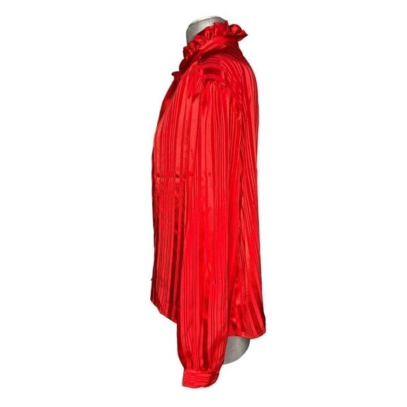 Laura Mae Red Top - Frilly Highneck Tie Button down - perfect for holiday season - Picture 3 of 5